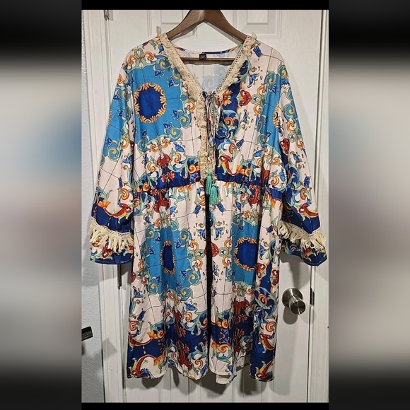 SHEIN Dresses & Skirts - Shein Curve Women's 5XL A-Line Midi Dress 3/4 Sleeves Boho Fringe Blue